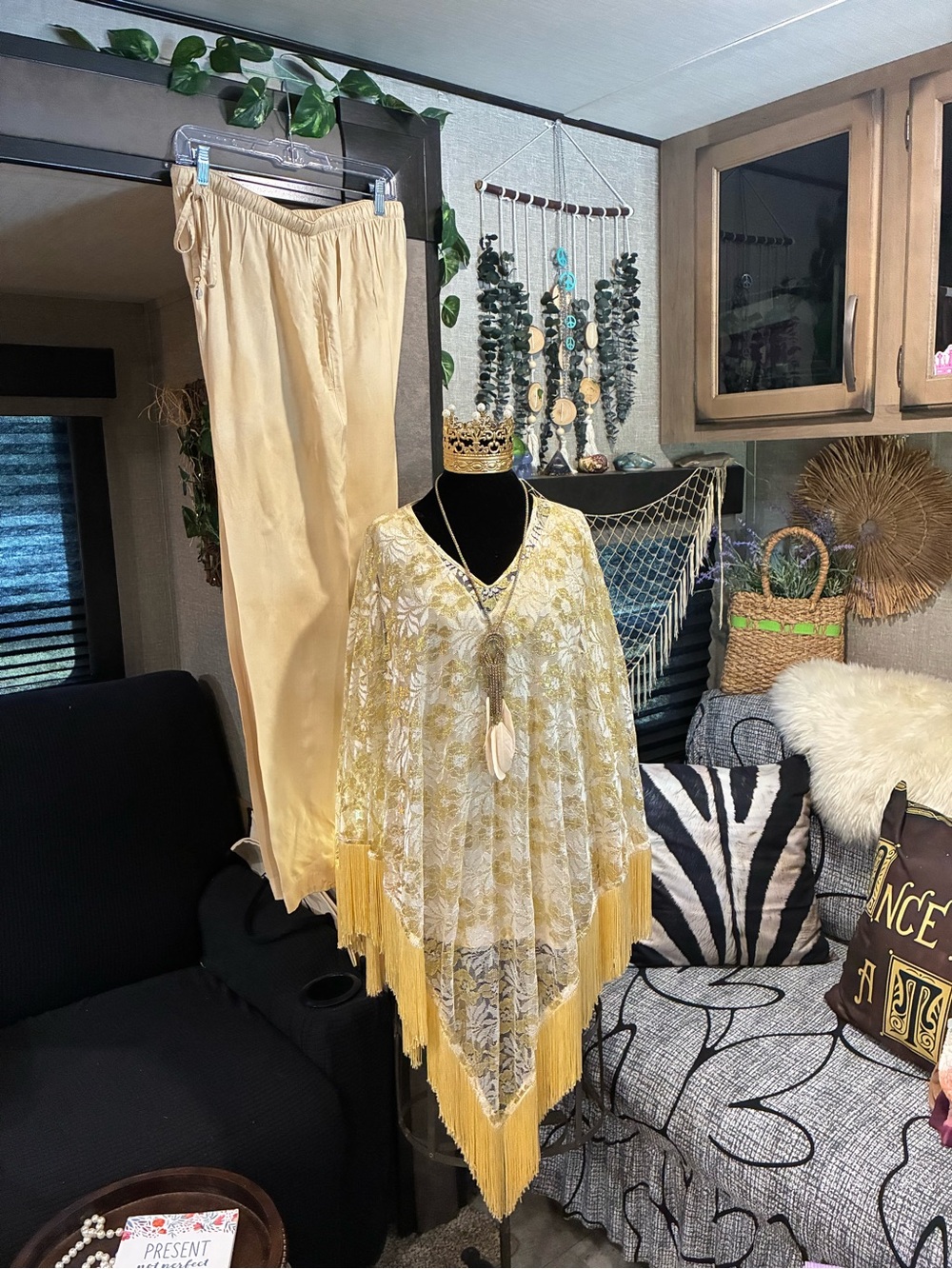 Ashro Cream and Gold Fringe 3 Piece Set L